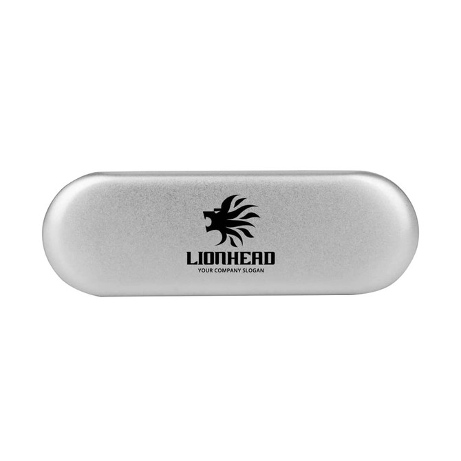 A silver tin with a curved design, featuring a black logo on the front.