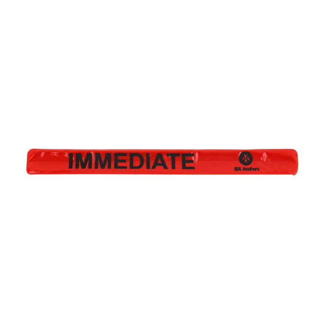 A reflective slap band in bright red with black text and a logo. Ideal for visibility and safety.