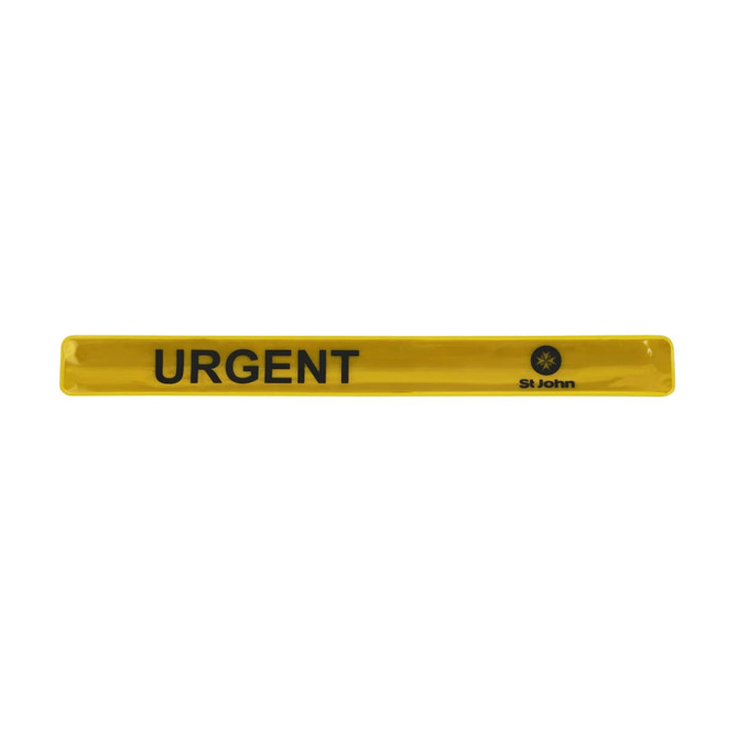 A yellow reflective slap band with the word "URGENT" printed in black and featuring a logo.