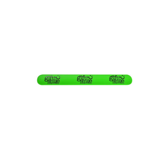 A green silicone slap band featuring a logo. It has a smooth finish and is flexible for wearing on the wrist.