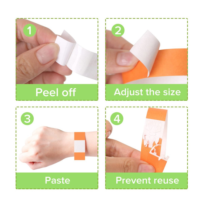 Four-step instructions for using a disposable full colour Tyvek wristband, showcasing an orange wristband and hands adjusting it.