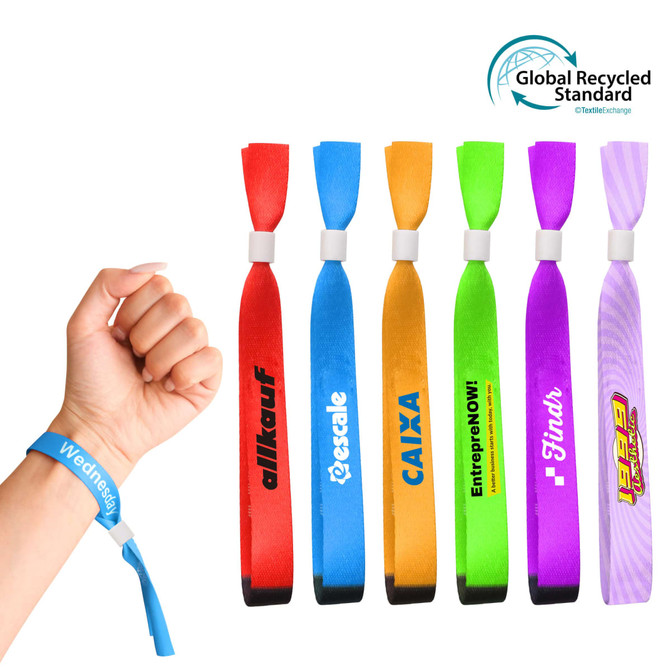 A hand wearing a blue RPET fabric wristband among various other colourful event wristbands, featuring logos.