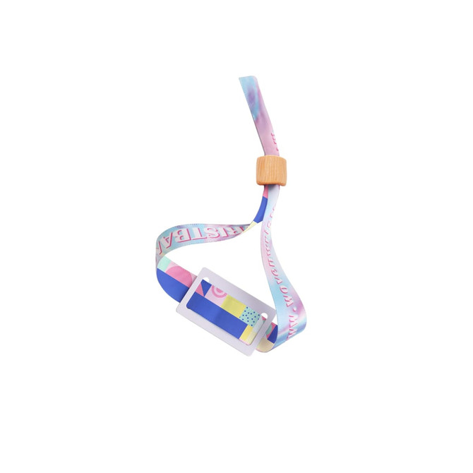 A multicoloured RPET fabric wristband featuring an RFID card and a wooden clasp, designed for events.