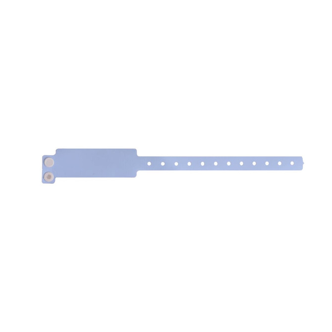 A light blue disposable PVC wristband with multiple holes and a fastening mechanism. It features a logo.
