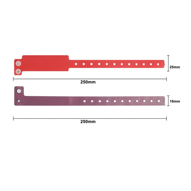 A red PVC wristband with adjustable sizing holes, designed for events. Dimensions: 250mm x 25mm and 250mm x 16mm.