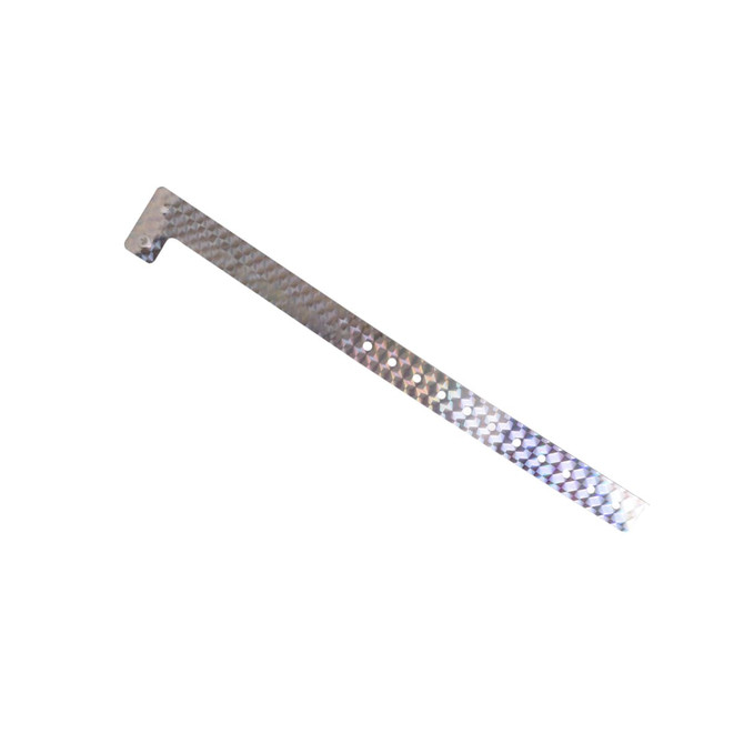 A disposable holographic PVC wristband in a shiny silver finish, featuring a textured pattern and a logo.