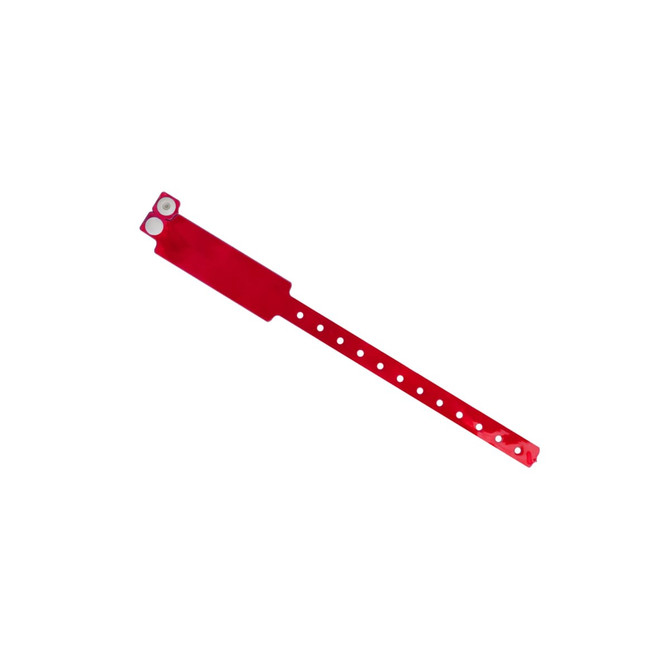A bright red disposable reflective PVC wristband with a notched strap and two attachment points, featuring a logo.