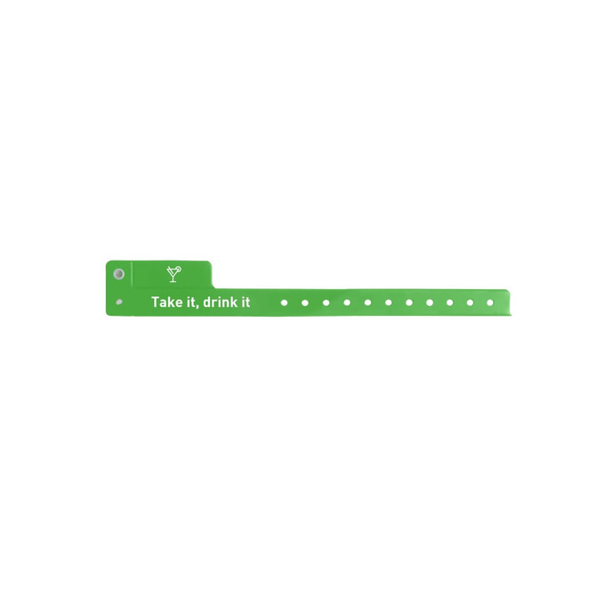 A green PVC wristband with perforations, featuring a tab and a logo. 