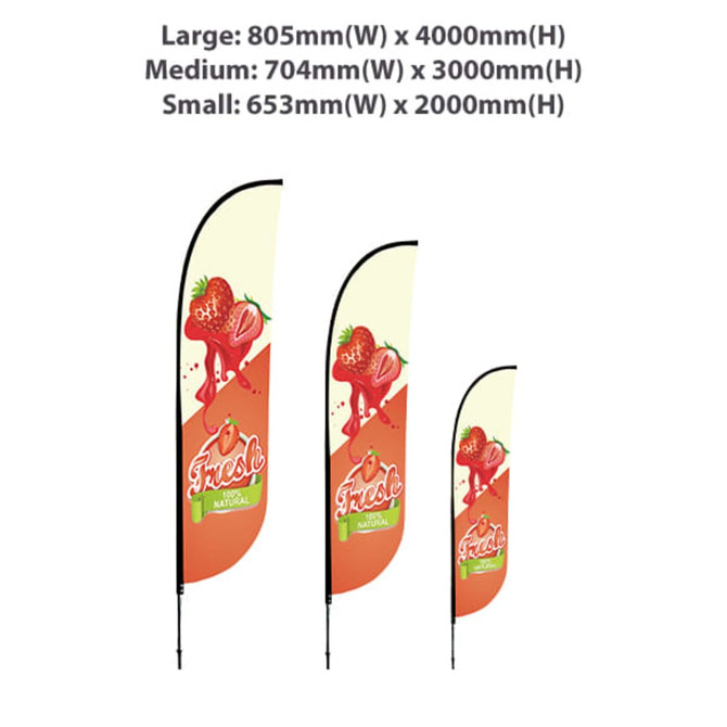 A set of three convex feather banners in varying sizes, featuring a vibrant design with a logo and strawberries.