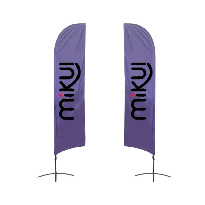 Two angled feather banners in purple, featuring a logo on each, designed for outdoor display.