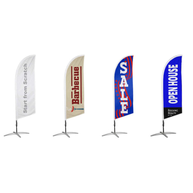 A set of four angled feather banners in white, beige, red, and blue, featuring various designs and a base stand.