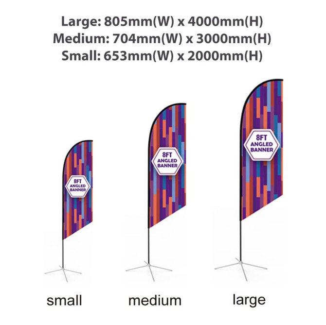 A small angled feather banner, predominantly featuring purple and blue geometric patterns, with a logo at the top.