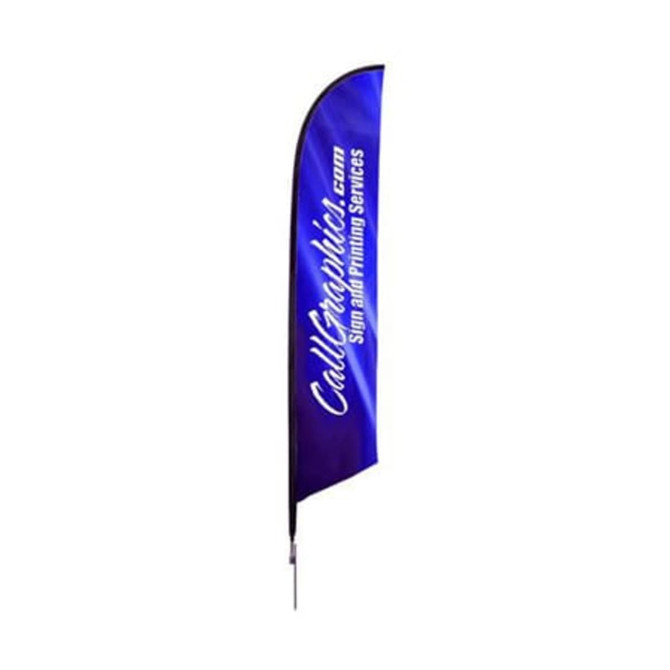 A blue angled feather banner featuring a logo and text in white, with a tall, slim design.