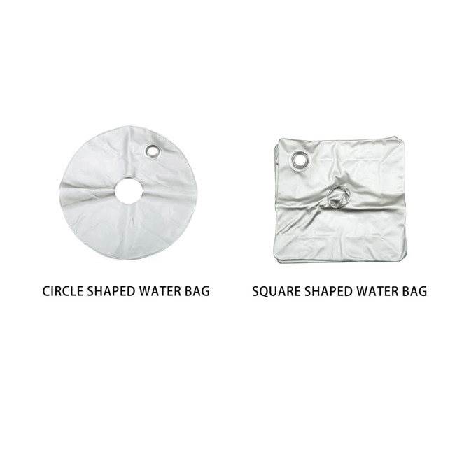 Two water bags: one circular and one square, both in a shiny silver colour. Each has a central hole.