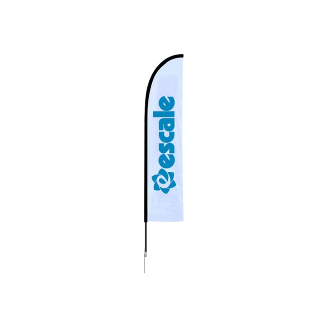 A straight feather banner in blue and white, featuring a logo, measuring 65.3 x 200 cm.