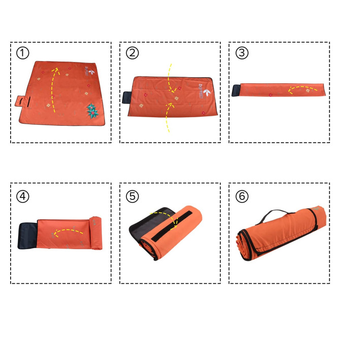 An orange picnic blanket with patterns, featuring folding instructions through six diagrammatic steps.