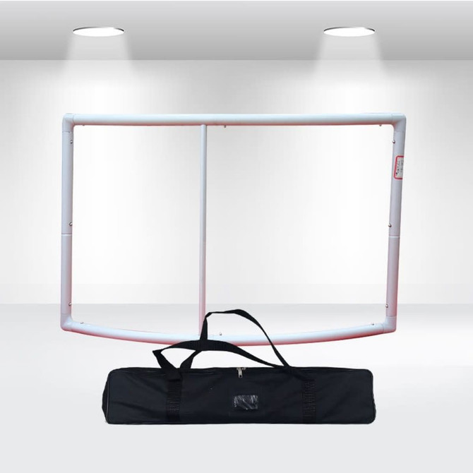 A tabletop tension fabric display frame in white, accompanied by a black carrying bag.
