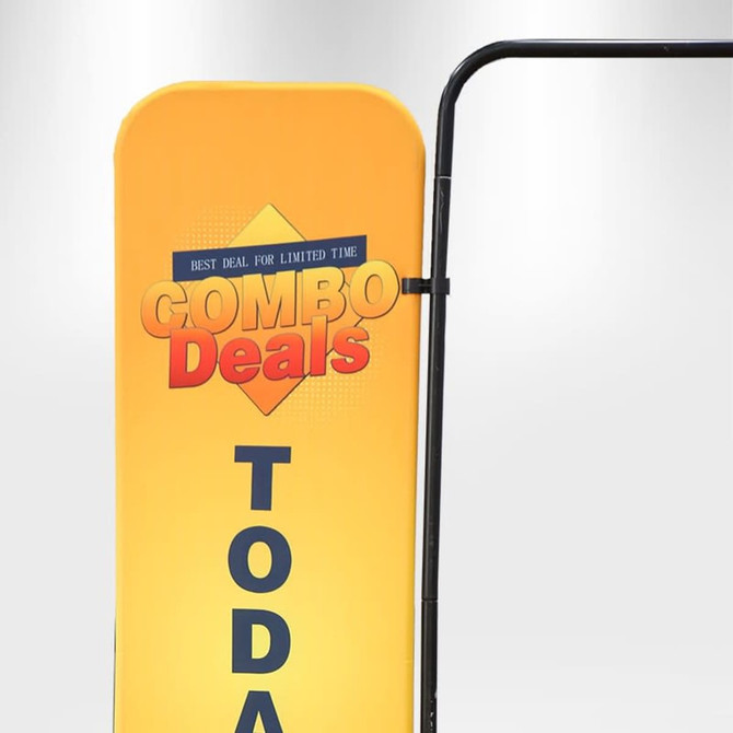 A side panel banner in vibrant yellow with a black frame and promotional graphics.