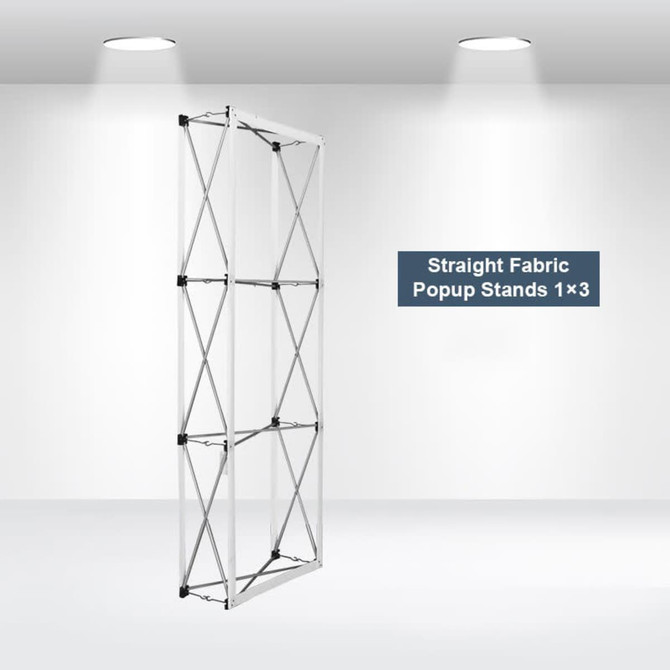 A straight fabric popup display stand in a silver frame, featuring a minimalist design and an empty backdrop.