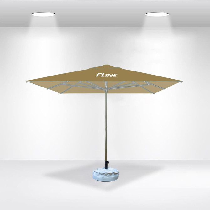 A large, beige market umbrella with a sturdy base, featuring a logo on the canopy.