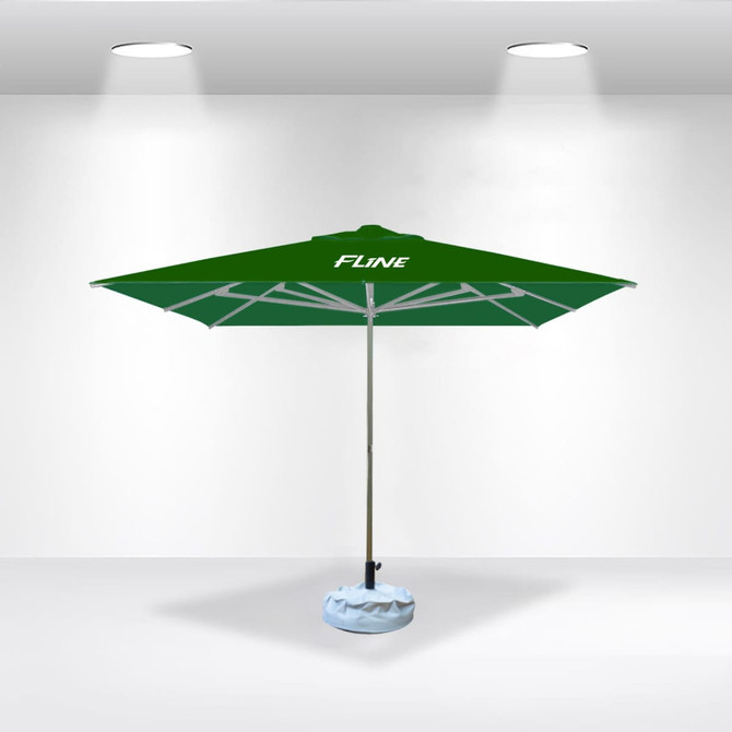 A green commercial market umbrella with a silver pole and a blue base, featuring a logo on the canopy.