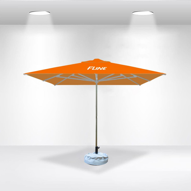 An orange commercial market umbrella with a white base and a logo. Features a square design and sturdy structure.