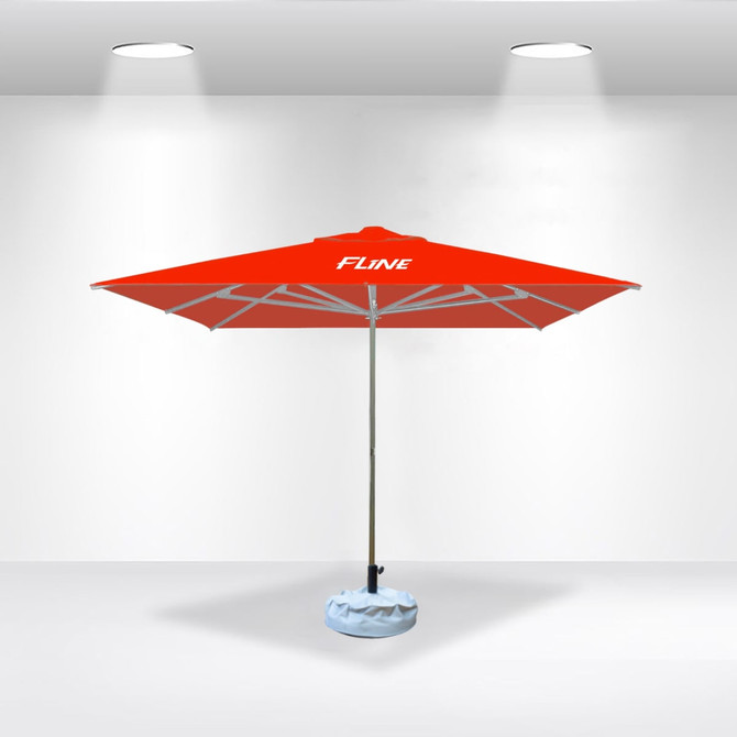 A red 3x3m square market umbrella with a grey base and a logo on the canopy, set against a plain background.