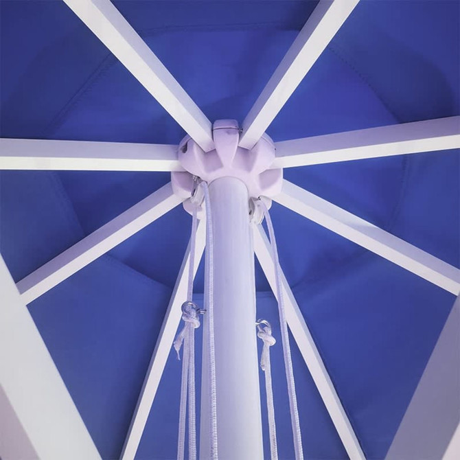 A round market umbrella with a blue canopy and a white frame, showcasing its interior structure and support.