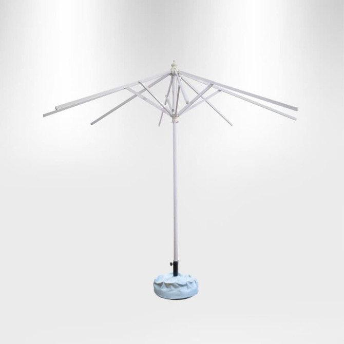 A round, white market umbrella with valances, featuring a sturdy base and multiple support arms.