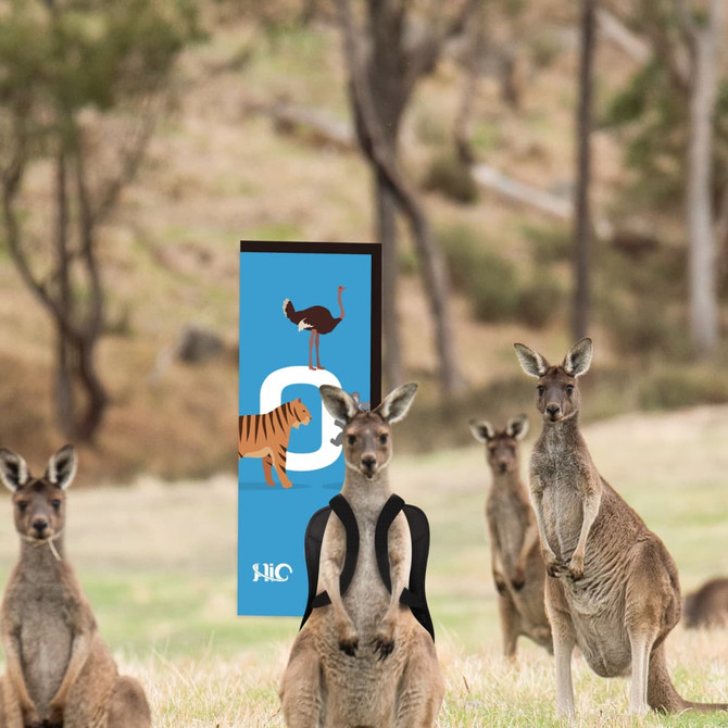 A rectangle backpack in black features a colourful design with animals against a natural backdrop and kangaroos in the foreground.