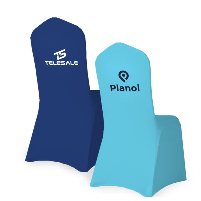 Fitted banquet chair covers in navy blue and sky blue, featuring logos on the front.