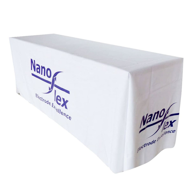 A white fitted tablecloth for a 4ft table featuring a logo on the front.