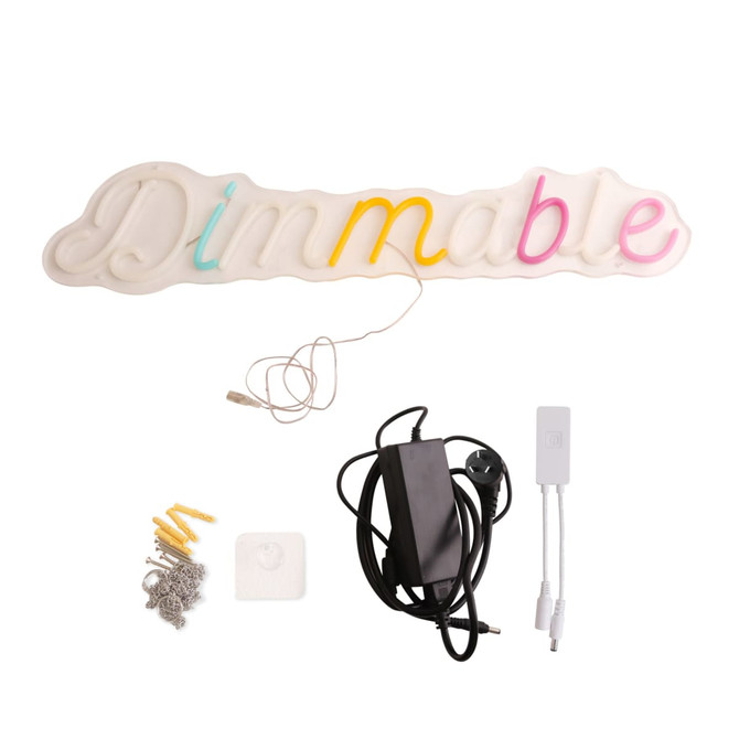 A dimmable neon LED sign in pastel colours, accompanied by a power cord, hardware, and a base for mounting.