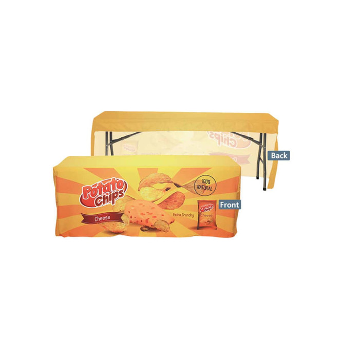 A 4ft fitted table cloth with a vibrant yellow design featuring potato chips imagery and branding.