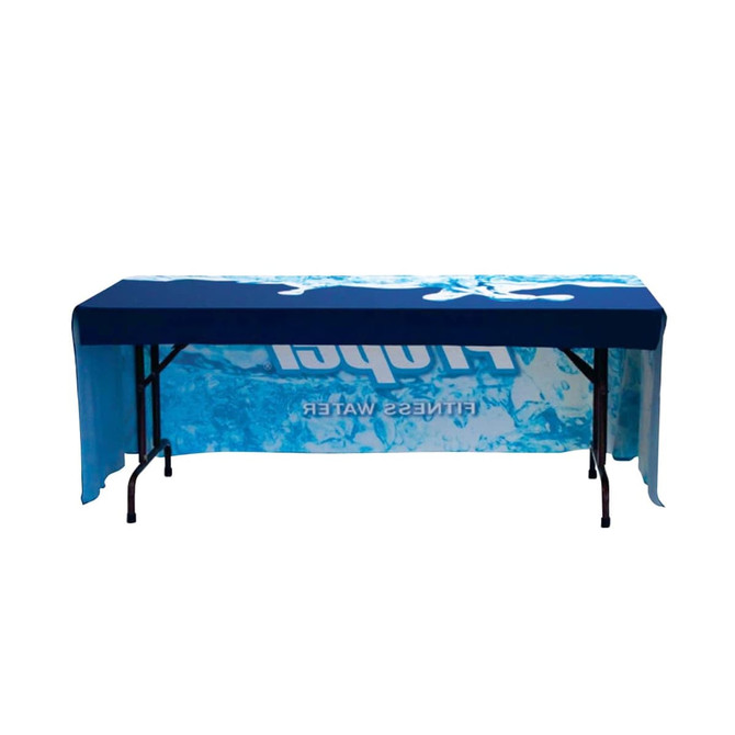 A fitted tablecloth for a 4ft table featuring a blue design with a logo, covering three sides.