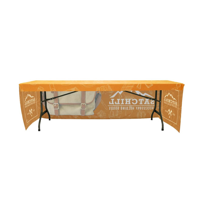An orange, 3-side fitted table cloth for an 8ft table, featuring a logo and a design illustration.