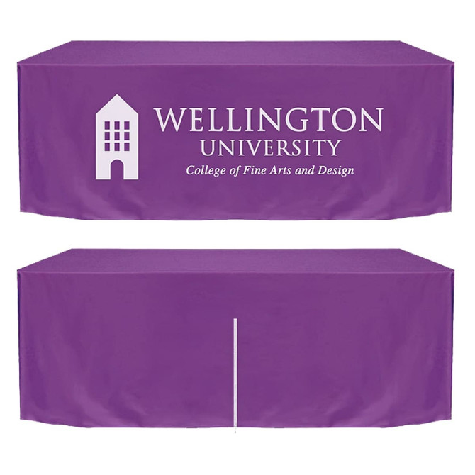 A purple fitted tablecloth with zipper back, featuring a logo on the front, suitable for a 4ft table.