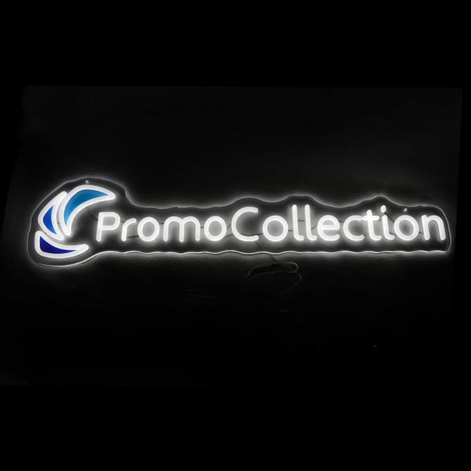 A neon LED sign featuring white and blue elements with the brand name and logo.