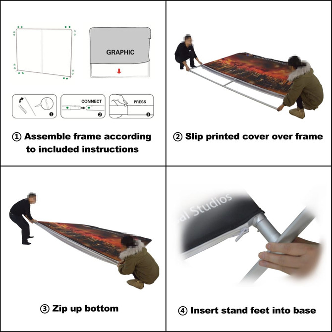 A display wall featuring a printed fabric cover being assembled, with step-by-step assembly instructions illustrated.