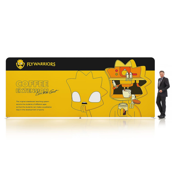 A vibrant yellow display wall featuring cartoon graphics, accompanied by a standing man. Includes branding.