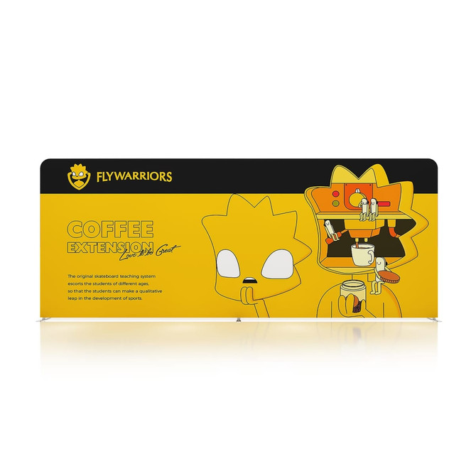 A promotional tension fabric display wall featuring a vibrant yellow design with cartoon graphics and a logo.