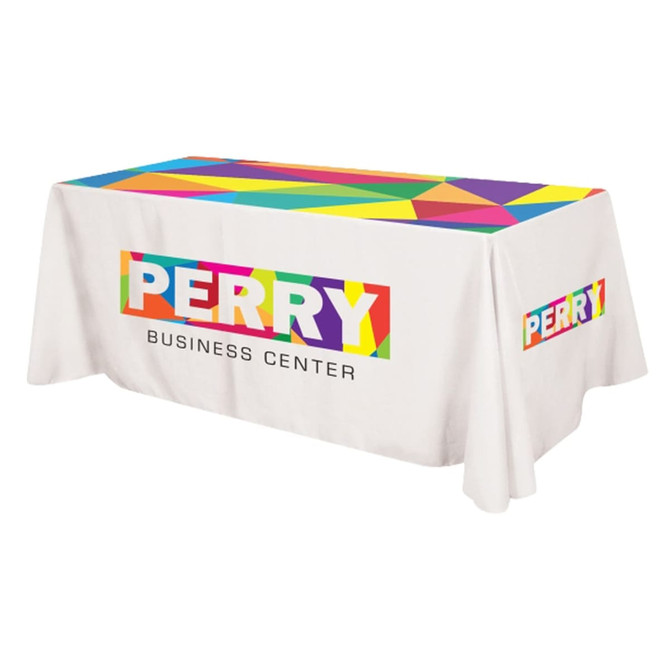 A four-sided tablecloth in white with a colourful geometric design and a logo on the front.
