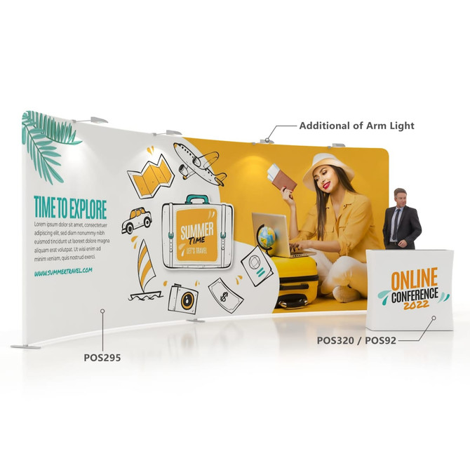 C-shaped fabric display wall with a tropical design, featuring a speaker, a model, and an additional arm light.
