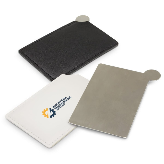 A set of three vanity card mirrors, featuring a black leather cover and two mirrored surfaces, one white with a logo.