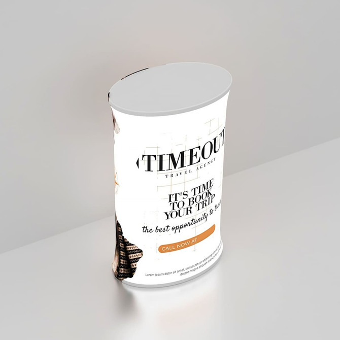 A backlit oval display with a white base, featuring promotional text and a logo, suitable for exhibitions and events.