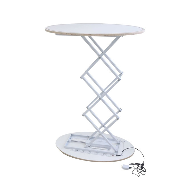 A backlit LED spring-up display table in white with a round top and a collapsible scissor mechanism.