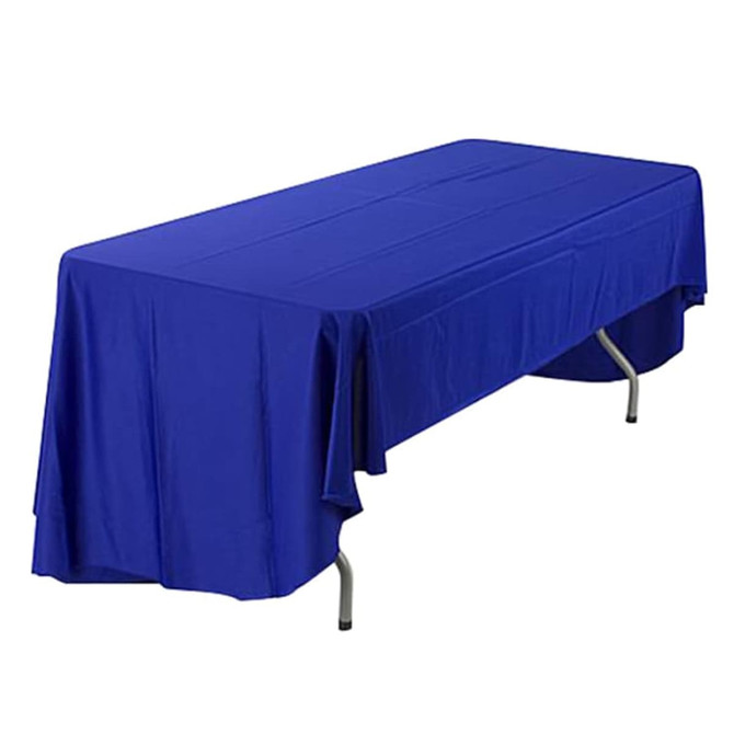 A blue 3-sided throw table cloth drapes over an 8ft table with a folding design. It features a logo.