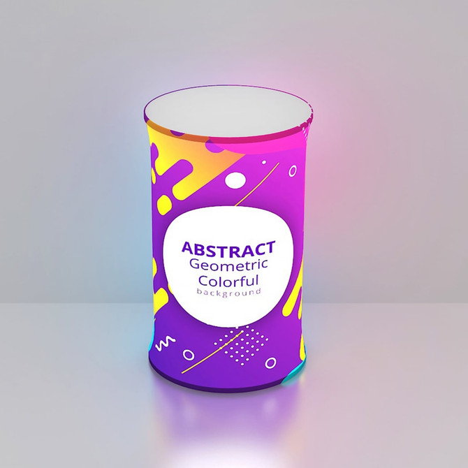 A round, backlit LED display with a colourful abstract geometric design in purple, yellow, and white.
