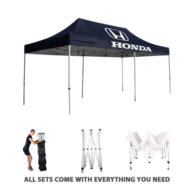 A navy blue marquee with a logo on top, featuring a sturdy frame and collapsible structure.