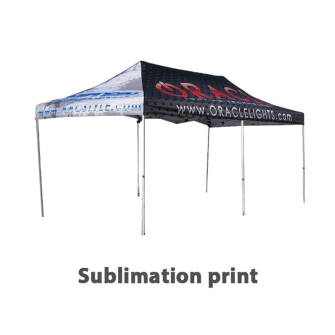 A large black and blue marquee tent featuring sublimation print and a logo. It has a sturdy frame and multiple sides.